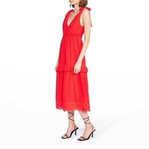 Zara Red Openwork Embroidered Midi Dress